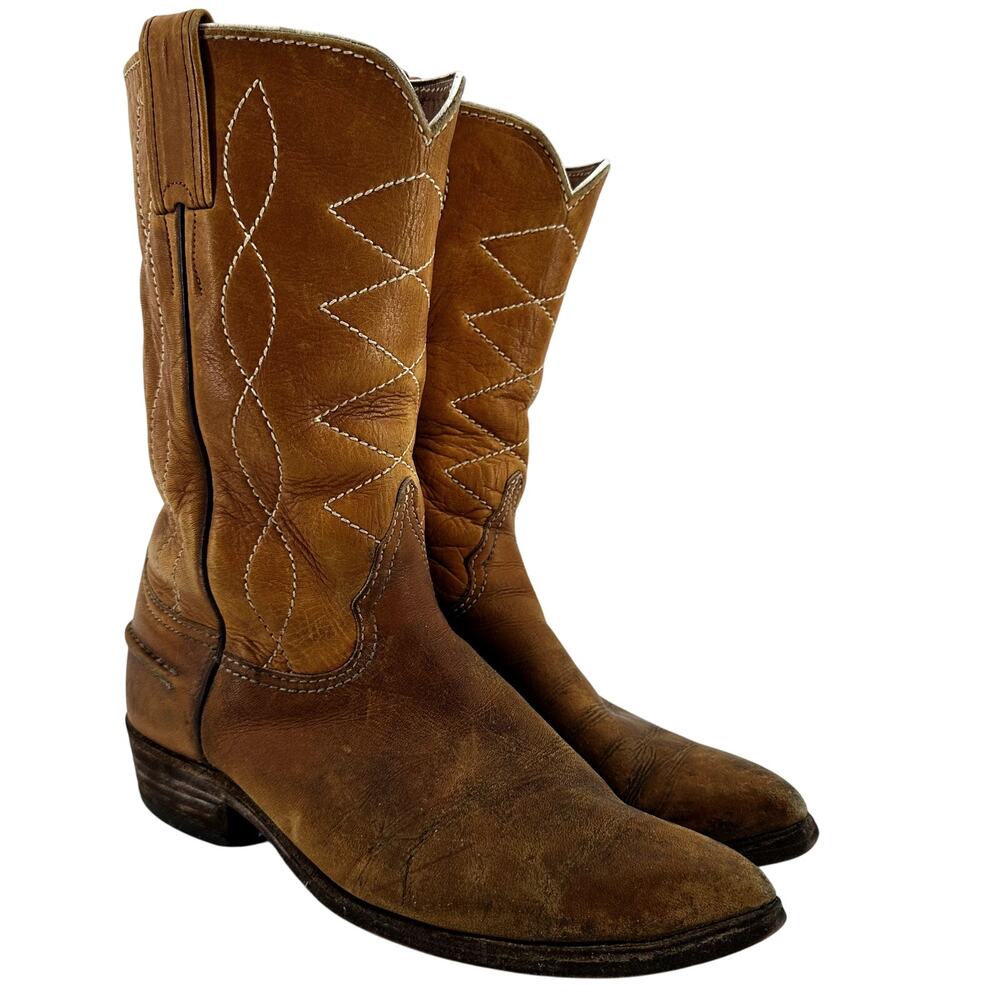 Vintage Justin 1536 Cowboy Boots Leather Ropers Western Mid Calf Tan 8B